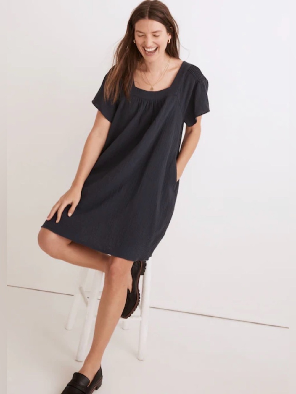 Madewell Lightspun Butterfly Square Neck Mini Dress in Dark Baltic Size Small